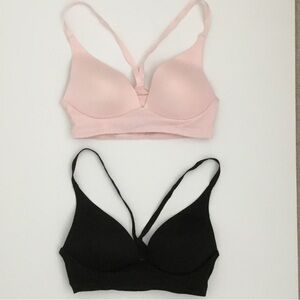 Victoria's Secret Lightly Padded Plunge  Pink and Black Bra Set 32C